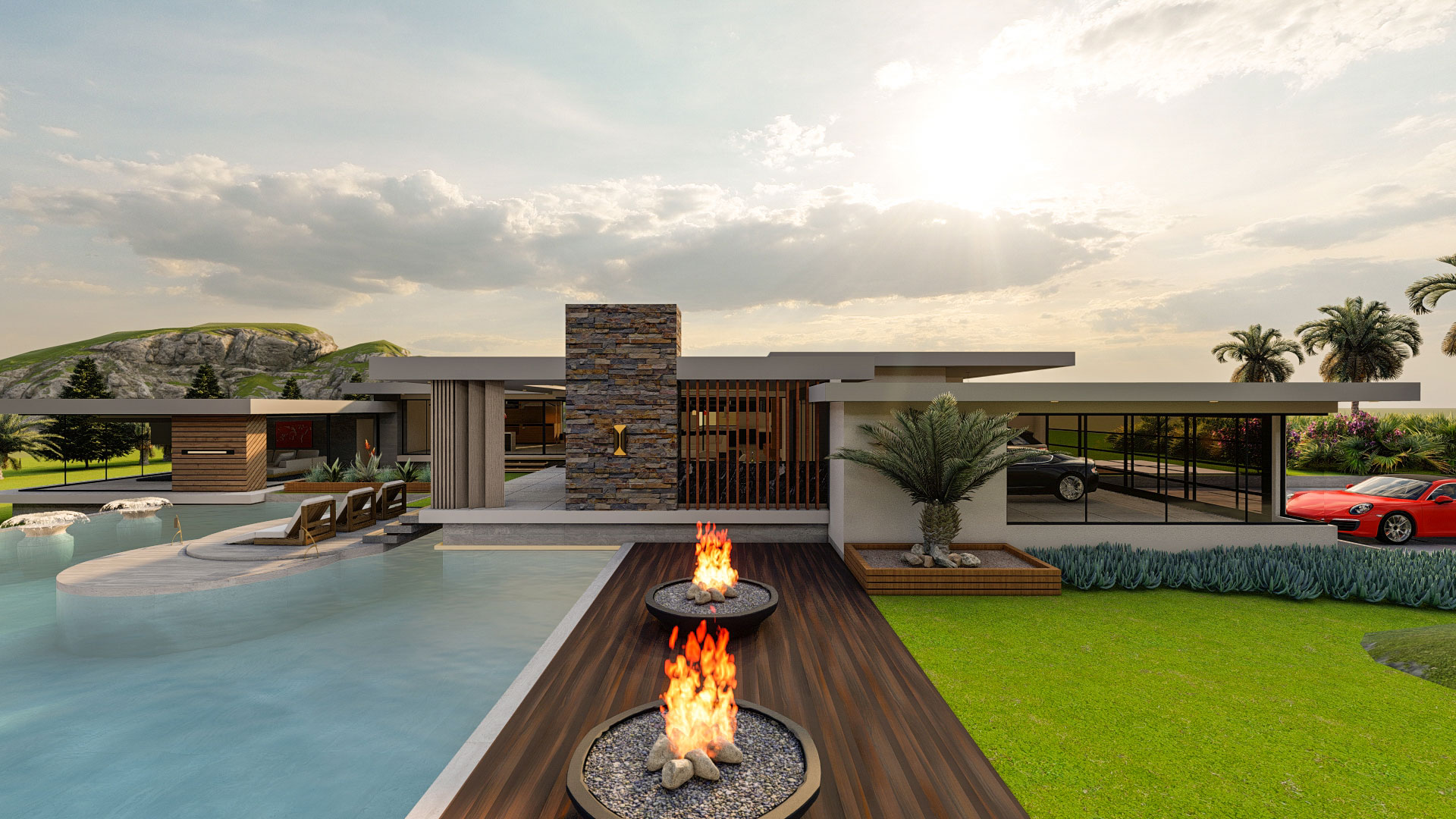 The pool is surrounded by fire bowls