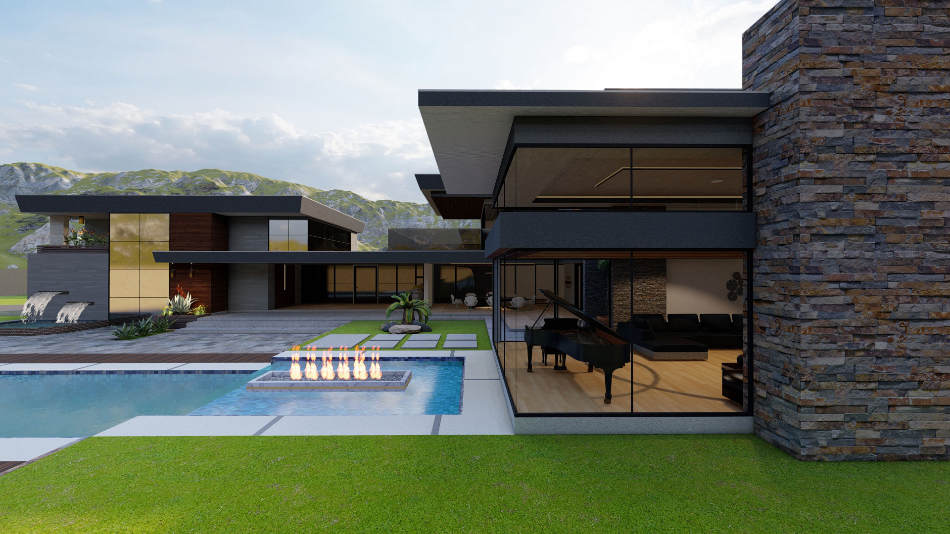 Mansion pool fire pit